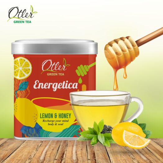 Otler Lemon Honey Green Tea packaging, showcasing a refreshing cup of tea amidst natural surroundings.